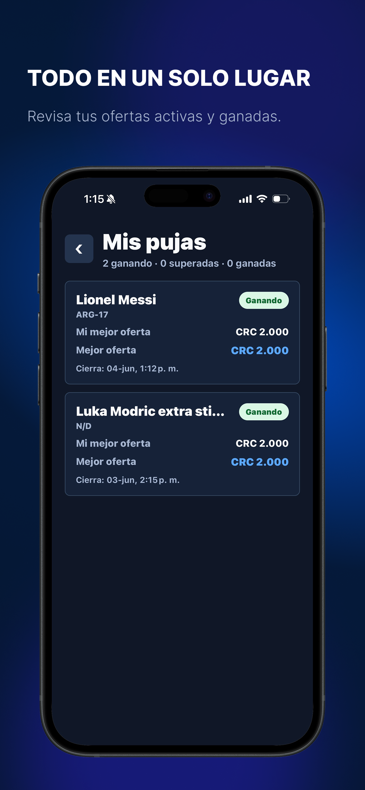 Pantalla de pujas en Sticker Market